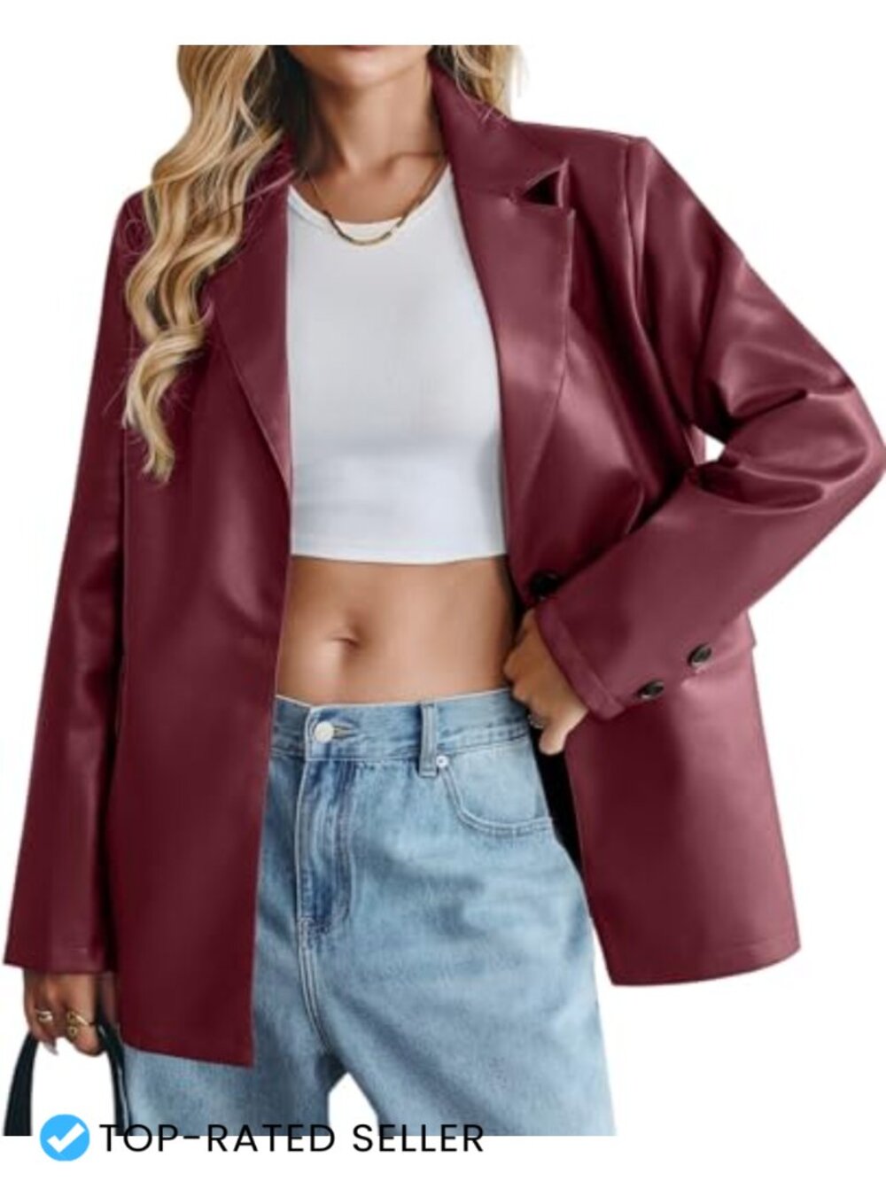 Faux Leather Blazer Jacket Oversized Bomber Button Down Lapel Coat